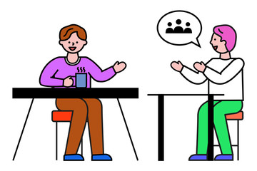 People discussing business problems, isolated man sitting by table and drinking coffee from cup. Cooperation of characters at work. Professional discussion of workers. Businessman vector flat style
