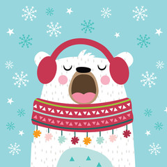 Cute bear singing with earphone on snowing