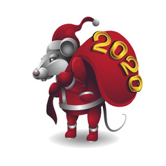 Animal mouse character in Santa Claus costume with bag of toys on white isolated background. Vector image