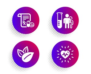 Medical analyzes, Medical prescription and Organic product icons simple set. Halftone dots button. Heartbeat sign. Medicine results, Medicine drugs, Leaves. Healthcare set. Vector