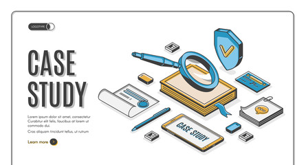 Case study isometric web banner. Business information research and analysis, magnifying glass with notebook, smartphone, certificate and stationery on table. 3d vector landing page in line art style