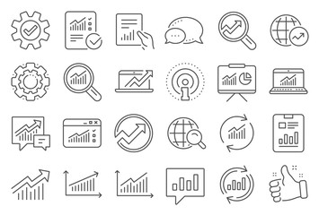 Analytics, Statistics line icons. Set of Chart, Report document and Graph icons. Data analytics, Presentation chart and Communication. Global Statistics, hold document and checklist report. Vector