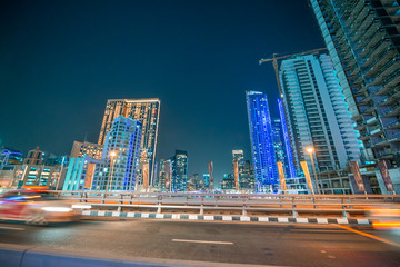 Dubai Marina night skyline from the bridge, United Arab Emirates