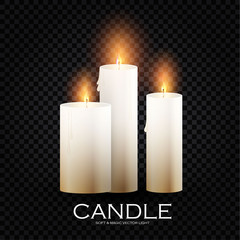 Realistic 3D burining wax & paraffin candles. Candle flame on transparent background.
