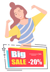 Cheerful personage, isolated female character winking and pointing on herself. Proposition of shop, reduction of price, sale and discount store. Happy woman on black friday sale. Vector in flat style