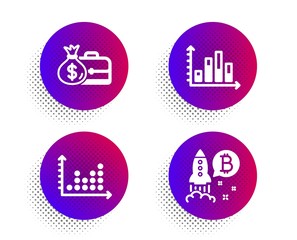 Diagram graph, Salary and Dot plot icons simple set. Halftone dots button. Bitcoin project sign. Presentation chart, Diplomat with money bag, Presentation graph. Cryptocurrency startup. Vector