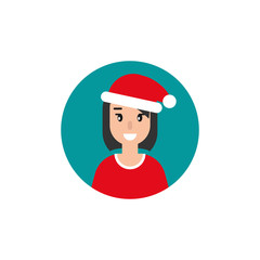 Happy female avatar with Santa hat in blue circle. flat vector illustration isolated on white.