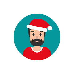Happy man avatar with Santa hat in blue circle. flat vector illustration isolated on white.