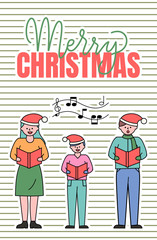 Merry christmas greeting card vector. Family singing carols on new years eve. Father and mother with son looking at sheet books and giving performance. Notes and melody above people in santa hats