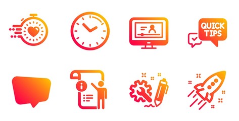Chat message, Manual doc and Time line icons set. Online video, Quick tips and Engineering signs. Timer, Startup rocket symbols. Speech bubble, Project info. Education set. Vector