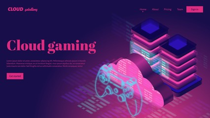 Cloud gaming streaming service. Cloud server and neon game controller vector illustration. © woters