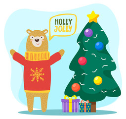 Holly jolly christmas greeting card with animal and pine tree. Xmas and winter holidays celebration. Bear wearing knitted sweater with snowflake ornament. Spruce with presents and gifts vector