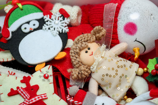 Vintage christmas tree festive felt decorations toys bacground. Winter holiday concept, handmade craft
