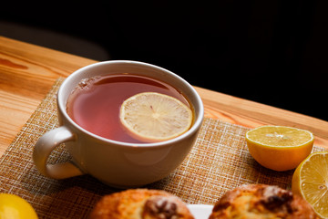 breakfast with muffins and lemon tea