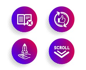 Refresh like, Crowdfunding and Reject book icons simple set. Halftone dots button. Scroll down sign. Thumbs up counter, Start business, Delete article. Swipe screen. Business set. Vector