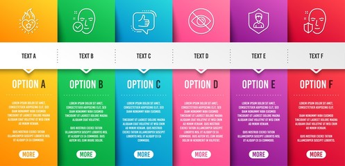 Like, Heart flame and Not looking line icons set. Infographic timeline. Security agency, Health skin and Face protection signs. Thumbs up, Love fire, Eye care. People protection. People set. Vector