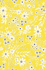 Tapeten Gelb Vektor nahtlose Ditsy Blumenmuster mit Fantasieblumen, Blättern. Grafische Blumen, Allover-Design.