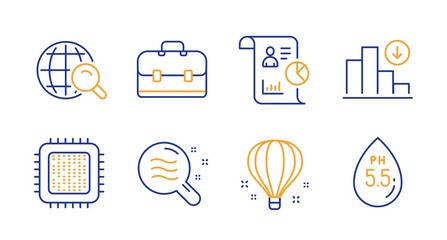 Air balloon, Skin condition and Report line icons set. Internet search, Cpu processor and Portfolio signs. Decreasing graph, Ph neutral symbols. Sky travelling, Search magnifier. Science set. Vector