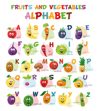 Cute cartoon illustrated alphabet with funny fruits and vegetables characters. English alphabet. Learn to read. Isolated Vector illustration.