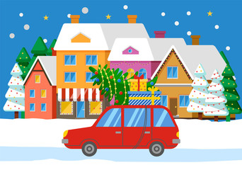 Red car on city street with fir tree and presents on roof. People preparing for christmas celebration. Cityscape with many buildings with snowy trees. Vector illustration of cottages and vehicle