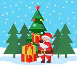 Christmas holidays celebration, Santa Claus in winter pine tree forest with presents. Gifts form Saint Nicholas on special occasion. Xmas spruce with garlands and snowfall in woods flat style vector