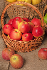 basket with red apples stands on burlap on the background of other baskets