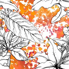 Fototapeta premium Floral Black and White Pattern. Pink