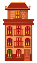 Naklejka premium Home with windows and entrance exterior vector. Isolated building with lights from rooms. Estate made of brick or stone. Modern or vintage architecture of city. Facade of home for citizens flat style