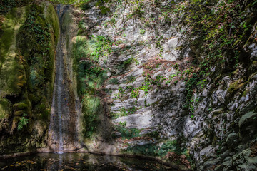 Autumn waterfall in Mamedov gorge in Lazarevsky district of Sochi, Russia. 4 November 2019