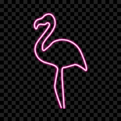 Pink neon flamingo on transparent background, vector illustration. - obrazy, fototapety, plakaty