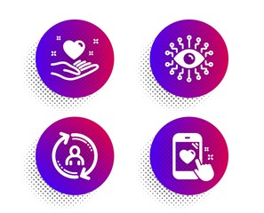 Artificial intelligence, User info and Hold heart icons simple set. Halftone dots button. Heart rating sign. All-seeing eye, Update profile, Friendship. Phone feedback. People set. Vector