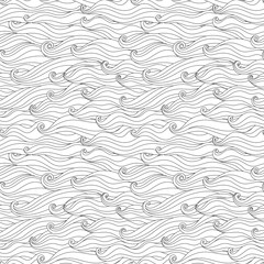 Seamless hand drawn pattern with waves, doodle art, black and white abstract vector background.