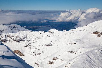 amazing snow covered peaks in the Swiss alps Jungfrau region from Schilthorn
