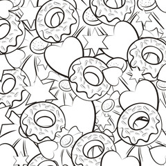 Cookies, heart, stars and donuts. Festive texture. Contour image of cookies, stars and hearts and cookies. Design element. Vector illustration.