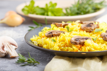 Yellow fried rice with champignons mushrooms, turmeric and oregano on blue ceramic plate on a gray concrete background. side view, selective focus.