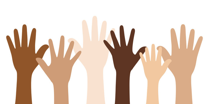 Flat vector illustration of people with different skin colors raising their hands. Unity concept.