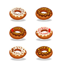  Set of multi-colored donuts. Multi-colored donuts with white and chocolate icing and multi-colored sprinkles. The background is white. Vector illustration.