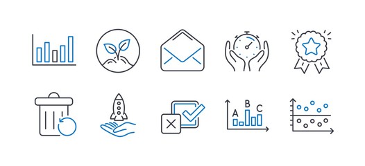 Set of Education icons, such as Ranking star, Crowdfunding, Mail, Checkbox, Survey results, Startup, Column chart, Timer, Recovery trash, Dot plot line icons. Winner medal, Start business. Vector