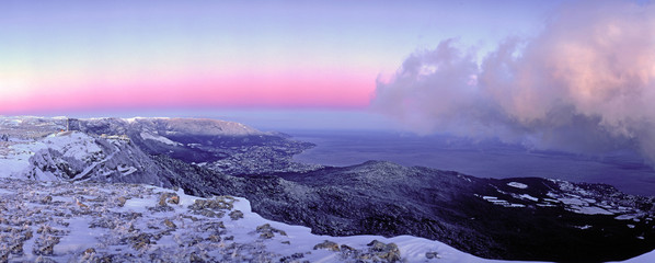 Magical winter landscape. View of Yalta from the mountain Ai-Petri. Crimea
