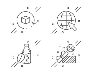 Water bottle, Return package and Internet line icons set. Sale sign. Mint leaf drink, Exchange goods, World web. Gift box. Business set. Line water bottle outline icon. Vector