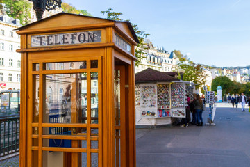 city views Karlovy Vary autumn. Czech Republic. Carlsbad. telephone box close-up
