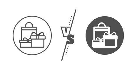 Present or Sale sign. Versus concept. Gift boxes with bag line icon. Birthday Shopping symbol. Package in Gift Wrap. Line vs classic shopping icon. Vector