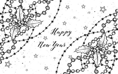 Fototapeta na wymiar Happy New Year. Vector illustration,garlands, mistletoe, stars, card for you, handmade, prints on T-shirts, background white