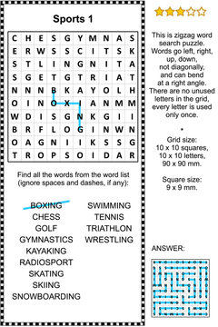 Sports zigzag word search puzzle 1 (suitable both for kids and adults). Answer included.