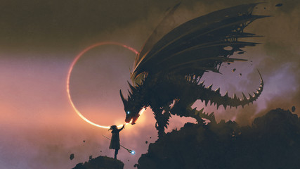 scène du sorcier tendant la main à son dragon debout sur le rocher, style art numérique, peinture d& 39 illustration