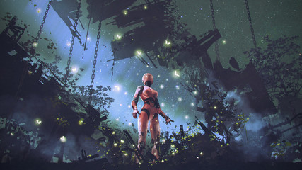 fantastic scenery of the red robot standing alone in machinery graveyard, digital art style, illustration painting © grandfailure