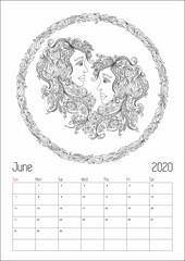 2020 Antistress Horoscope calendar planner, doodle illustration.
