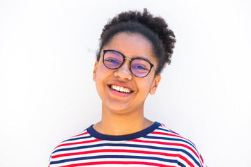 Close up horizontal african american teenage girl smiling against white background