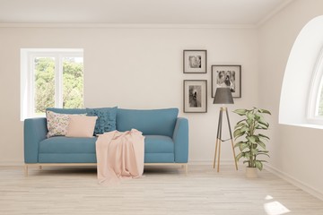 Stylish room in white color with sofa. Scandinavian interior design. 3D illustration