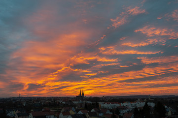 Sunset over the skyline of Regensburg in Germany